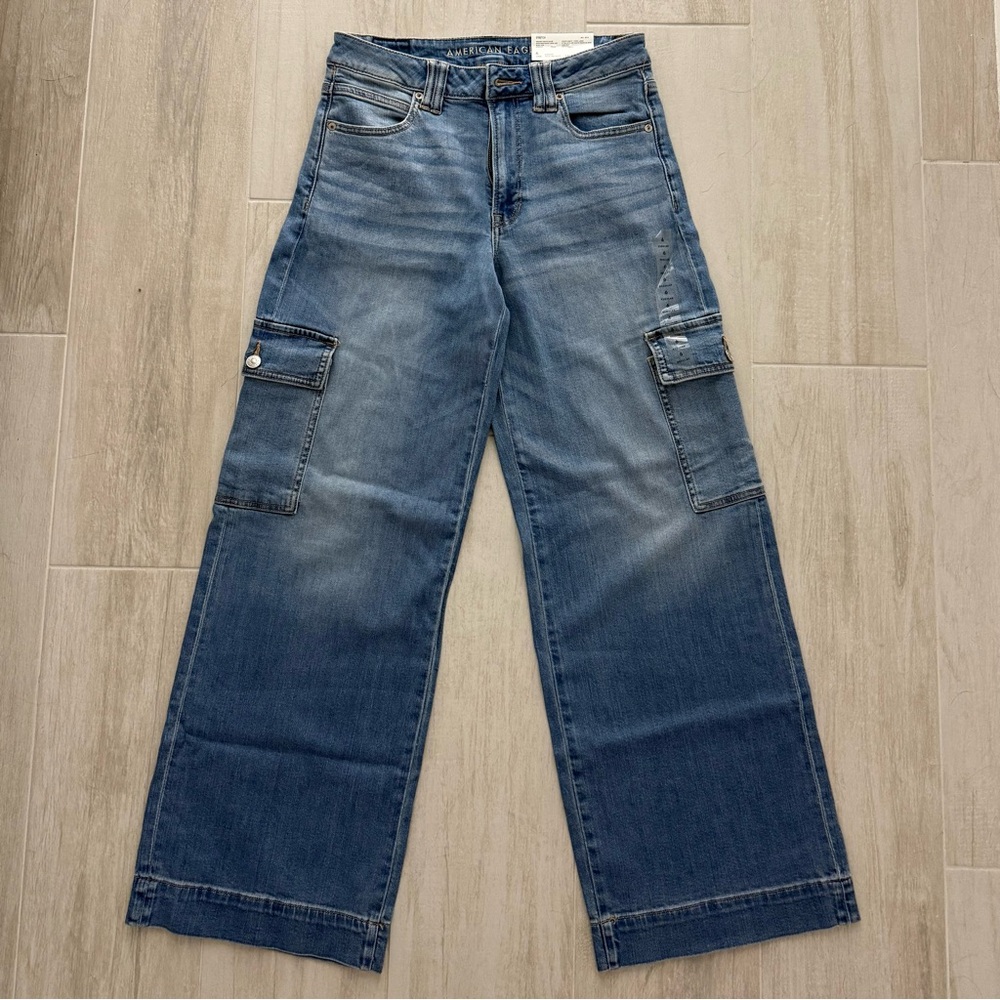 American Eagle Outfitters Blue Super High-Rise Baggy Cargo Wide Leg Jeans